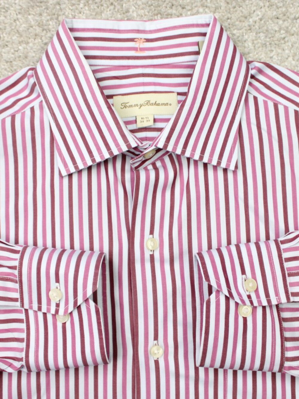 Tommy Bahama Shirt Mens 16 1/2, 34/35 Red/Pink/White Striped Egyptian Cotton L/S